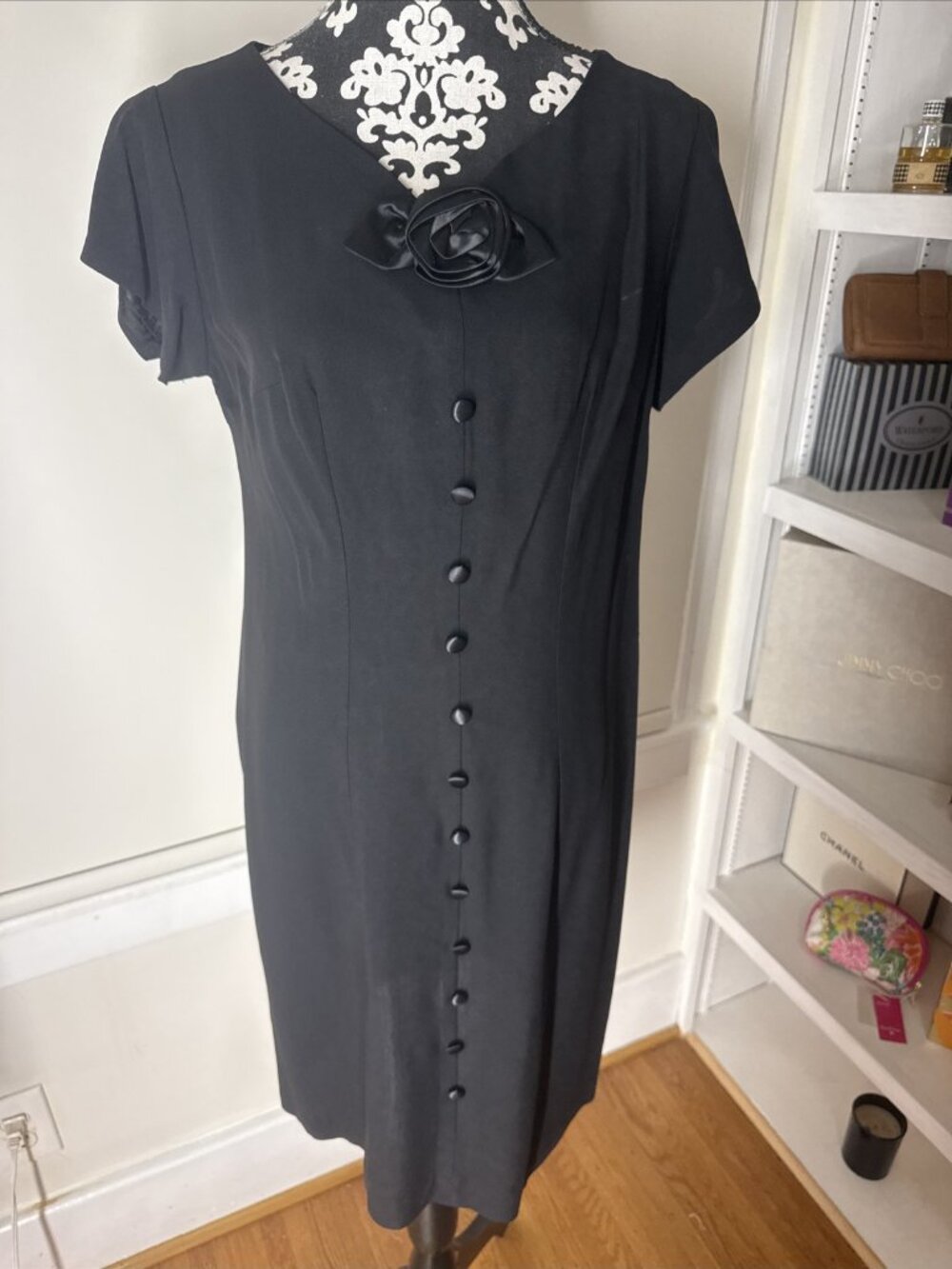 Women's True Vintage 1940-50s Black Day Dress Covered Buttons No Tags 36x 34x37